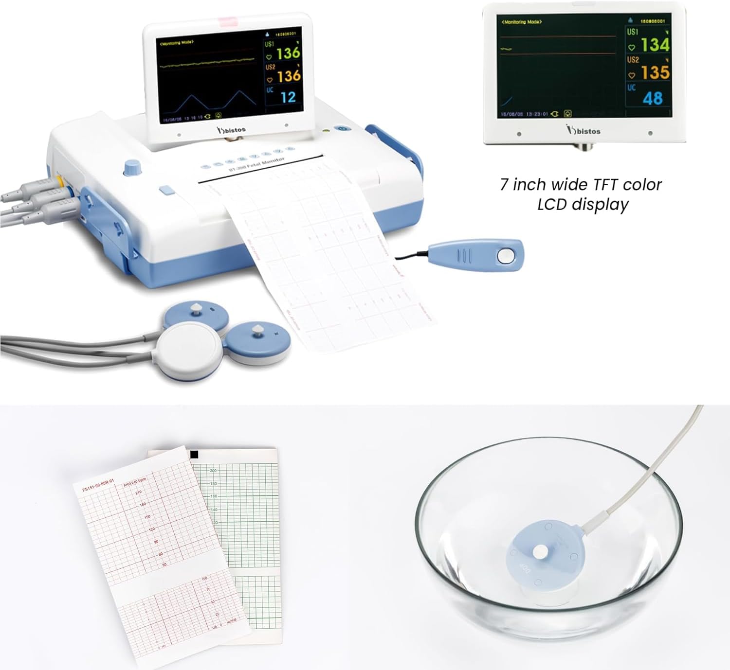 BT-350 Fetal Monitor with Dual Probe, Detects Twin Fetal Heart Rate, Movement, Uterine Contractions, Large 7 Segment LED Display, in Built- Printer, Rechargeable Battery | Hanscure