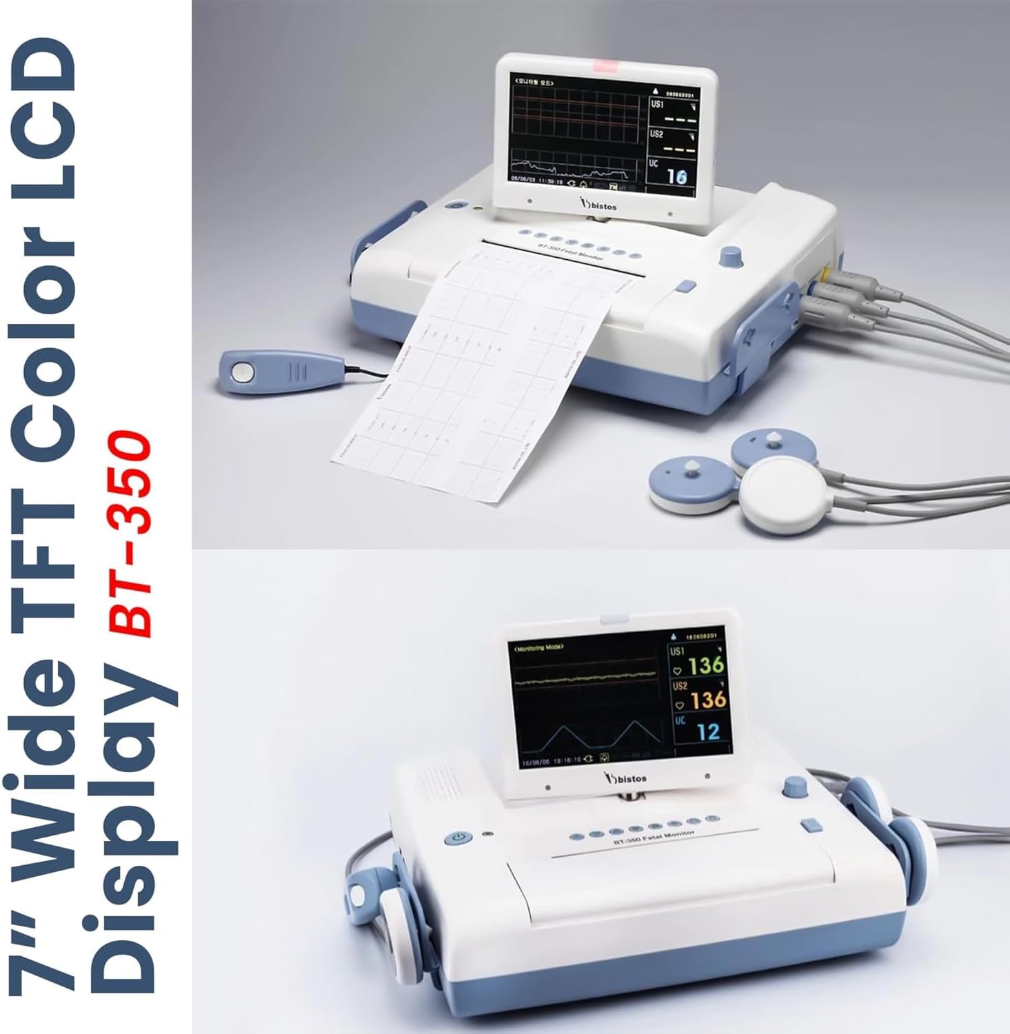 BT-350 Fetal Monitor with Dual Probe, Detects Twin Fetal Heart Rate, Movement, Uterine Contractions, Large 7 Segment LED Display, in Built- Printer, Rechargeable Battery | Hanscure
