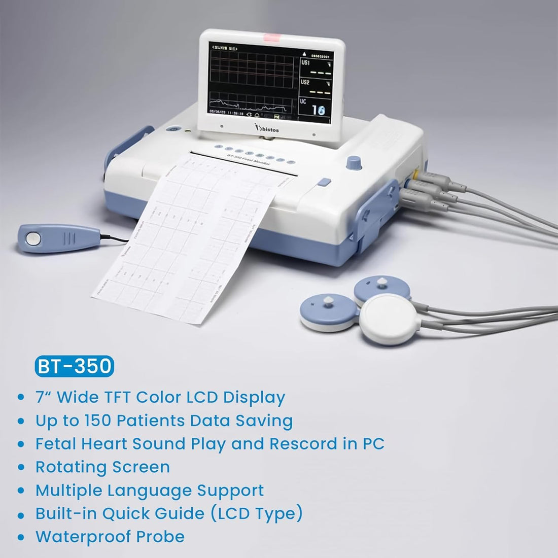 BT-350 Fetal Monitor with Dual Probe, Detects Twin Fetal Heart Rate, Movement, Uterine Contractions, Large 7 Segment LED Display, in Built- Printer, Rechargeable Battery | Hanscure