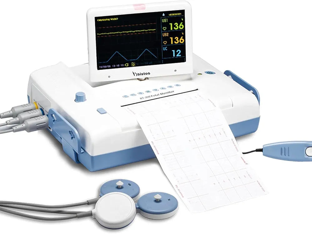 BT-350 Fetal Monitor with Dual Probe, Detects Twin Fetal Heart Rate, Movement, Uterine Contractions, Large 7 Segment LED Display, in Built- Printer, Rechargeable Battery | Hanscure