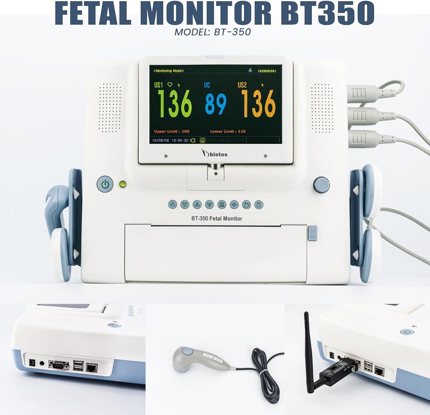 BT-350 Fetal Monitor with Dual Probe, Detects Twin Fetal Heart Rate, Movement, Uterine Contractions, Large 7 Segment LED Display, in Built- Printer, Rechargeable Battery | Hanscure