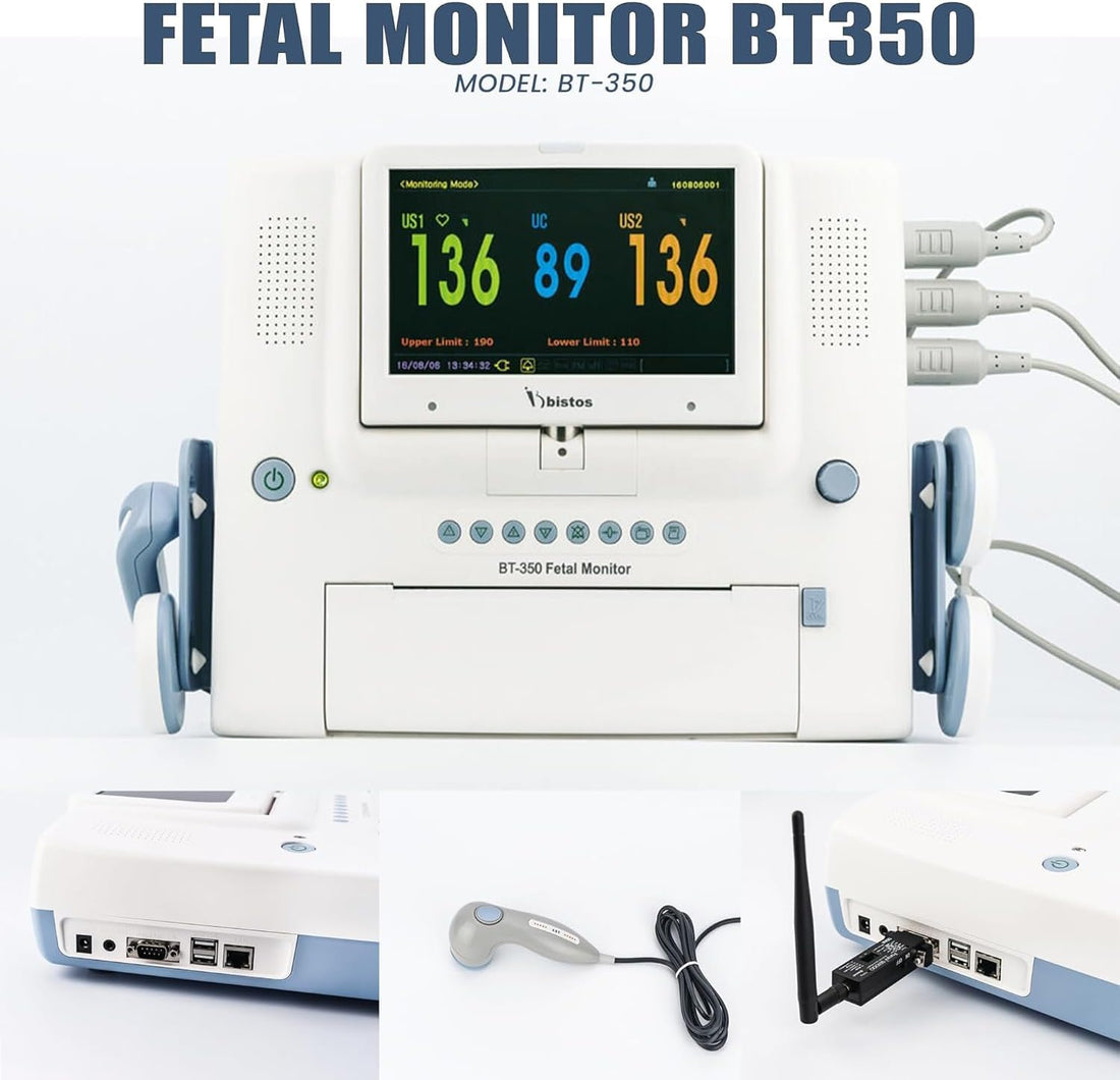 BT-350 Fetal Monitor with Dual Probe, Detects Twin Fetal Heart Rate, Movement, Uterine Contractions, Large 7 Segment LED Display, in Built- Printer, Rechargeable Battery | Hanscure