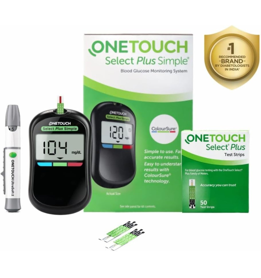 OneTouch Select Plus Simple glucometer machine with 10+50 Test Strips | Simple & accurate testing of Blood sugar levels at home, Global Iconic Brand | Includes 10 Sterile Lancets + 1 Lancing device
