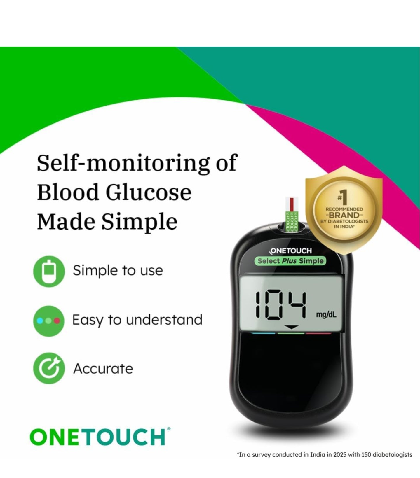 OneTouch Select Plus Simple glucometer machine with 10+50 Test Strips | Simple & accurate testing of Blood sugar levels at home, Global Iconic Brand | Includes 10 Sterile Lancets + 1 Lancing device
